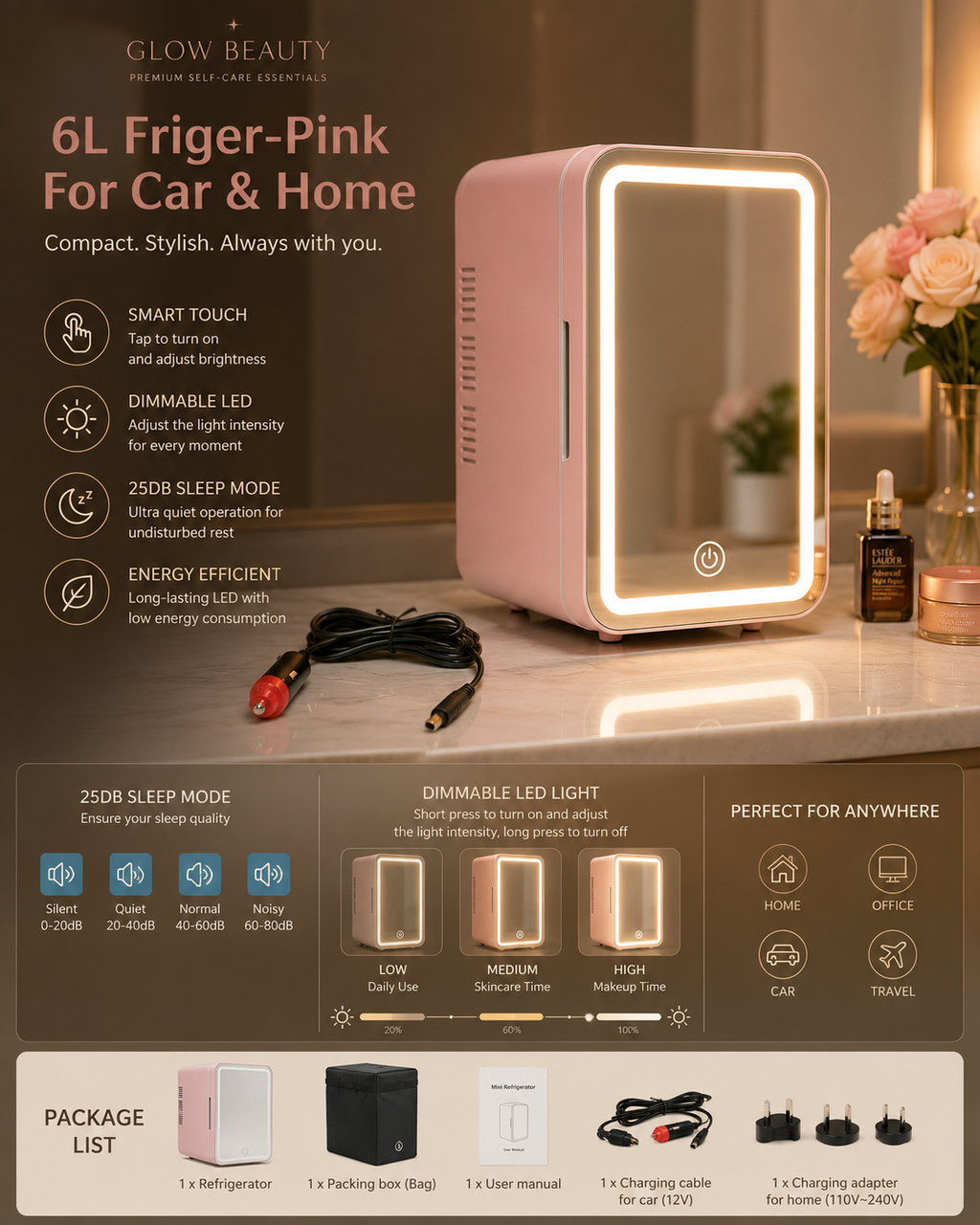 LED Mirror Mini Cosmetic Fridge 6L | Cooler & Warmer ⭐