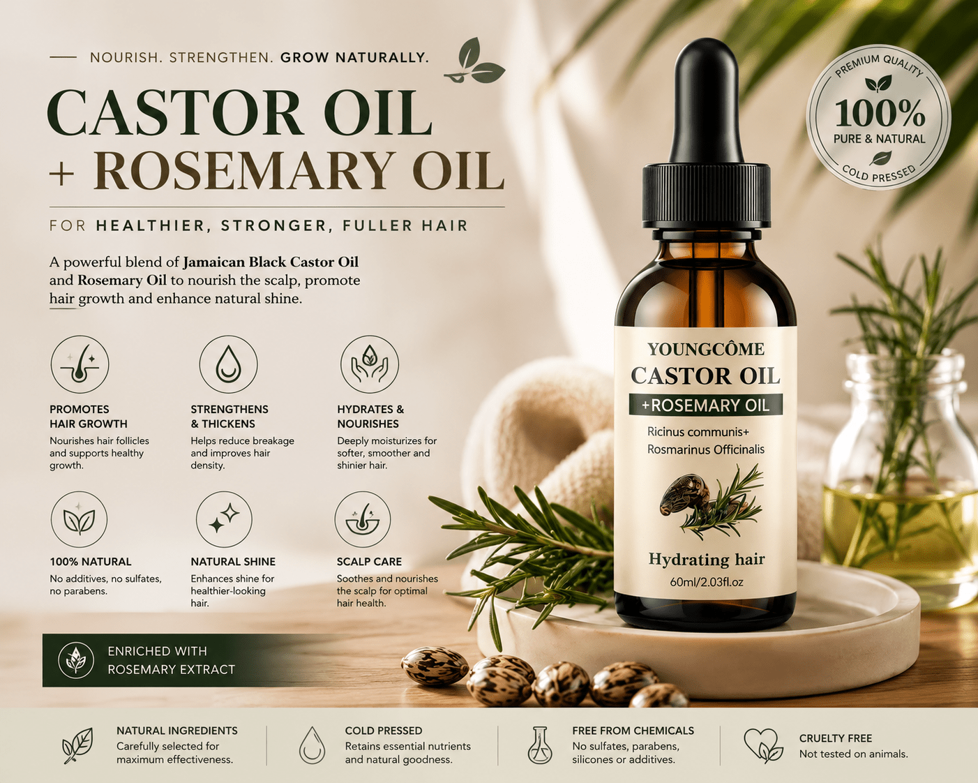 Rosemary & Castor Hair Growth Oil | Strengthen & Shine - Hair Care - Glow Beauty
