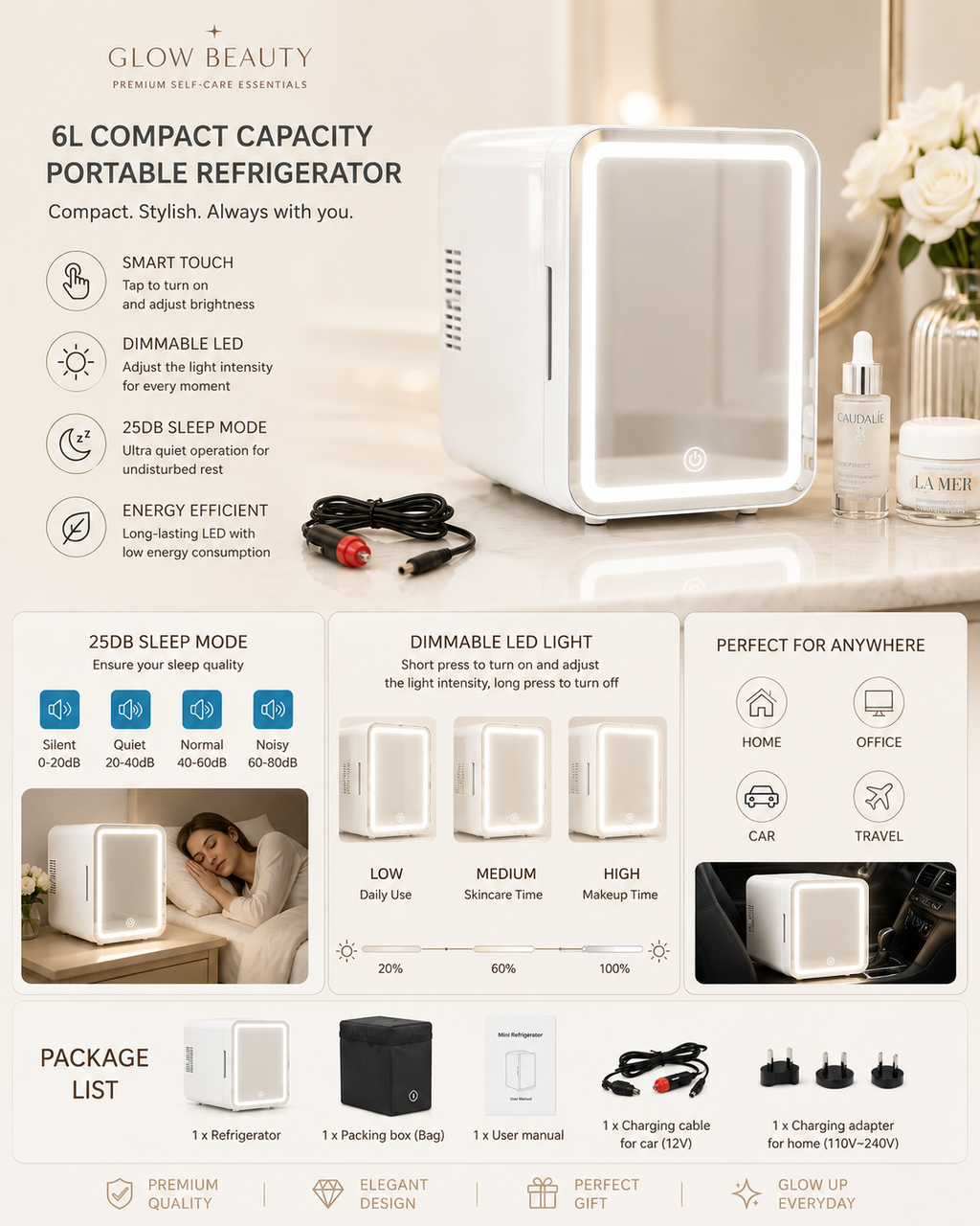 LED Mirror Mini Cosmetic Fridge 6L | Cooler & Warmer ⭐