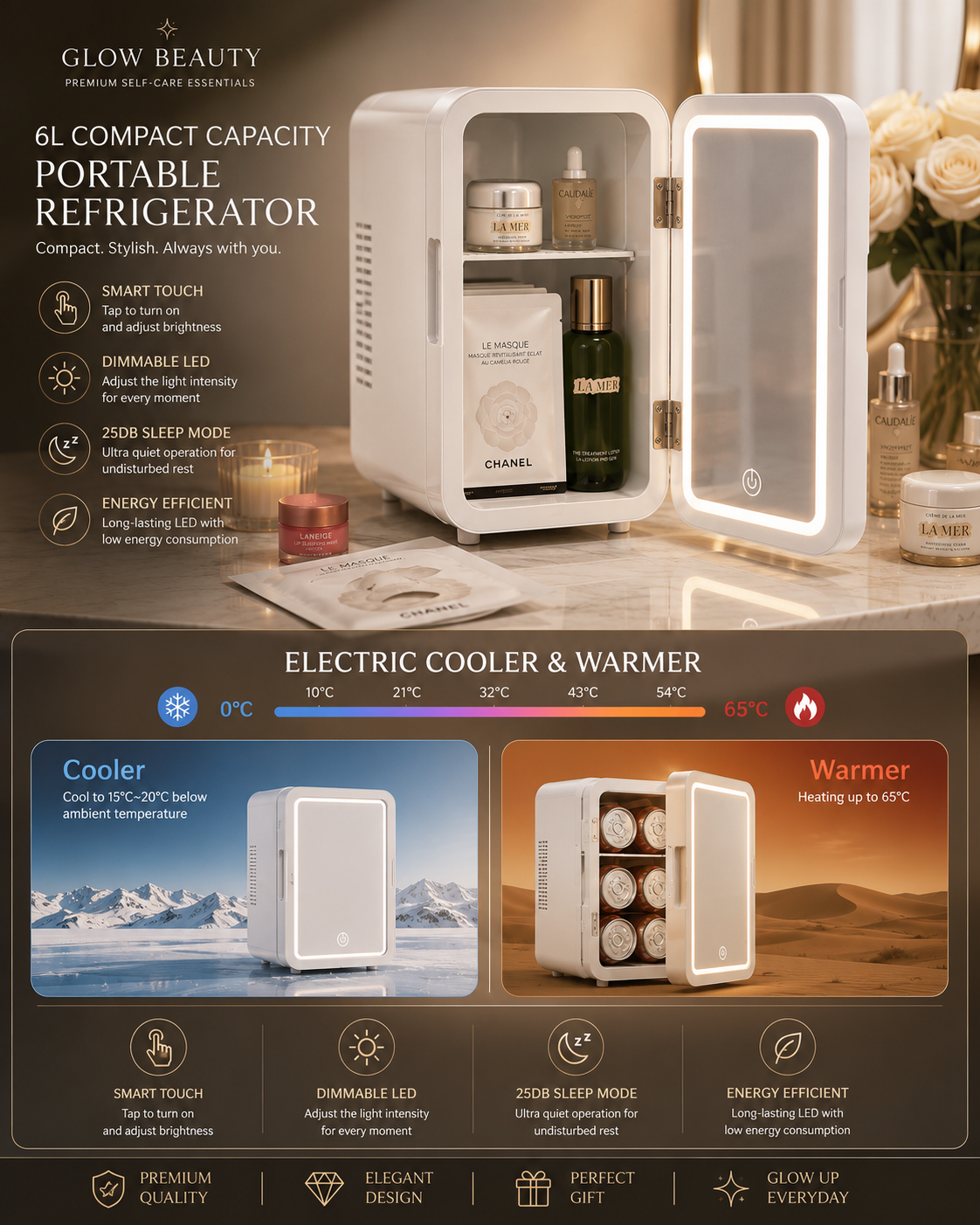 LED Mirror Mini Cosmetic Fridge 6L | Cooler & Warmer ⭐