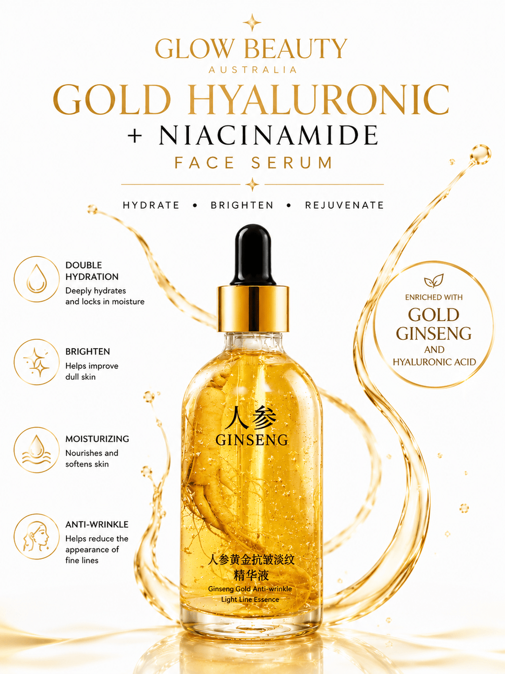 Gold & Hyaluronic Acid Face Serum- Skincare - Glow Beauty