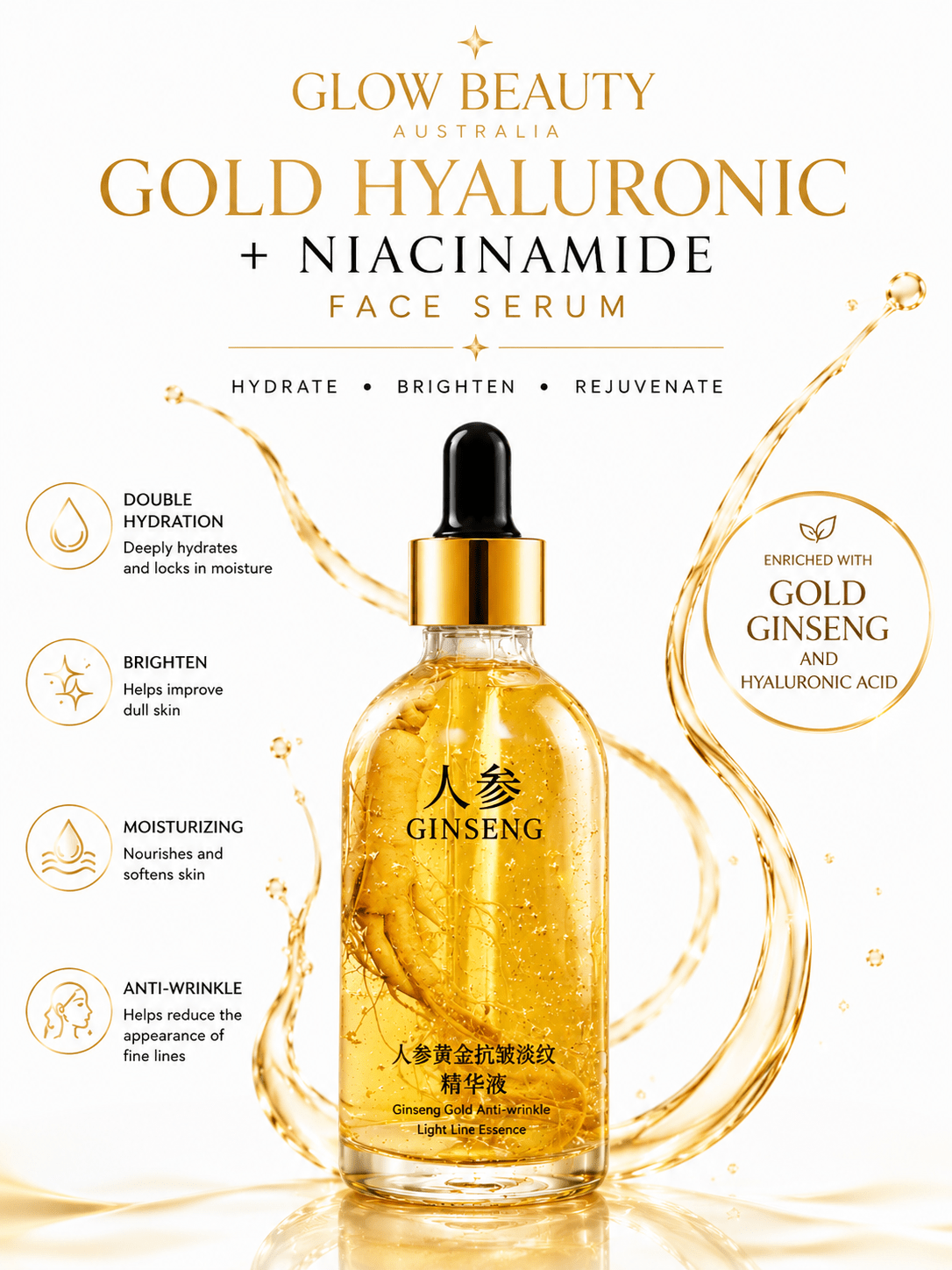 Gold & Hyaluronic Acid Face Serum- Skincare - Glow Beauty