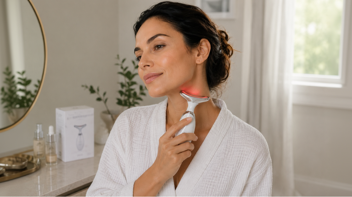 Woman using the Glow Beauty LED Facial & Neck Massager with red light therapy in a bright bathroom for skin lifting, neck firming, anti-aging, and daily skincare routine.