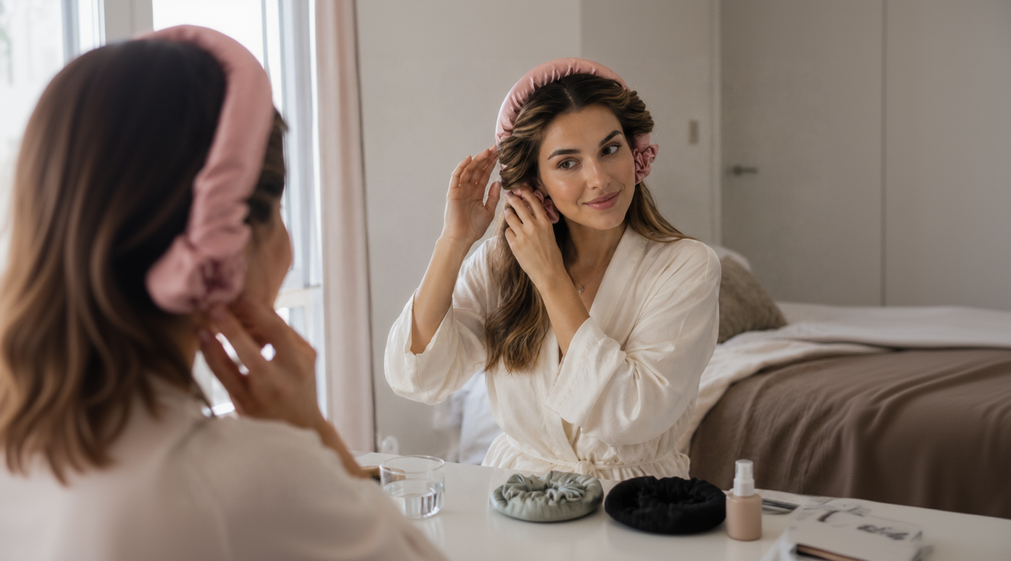 Woman using the Glow Beauty Heatless Curling Ribbon to create soft, heat-free curls while getting ready in front of a mirror.