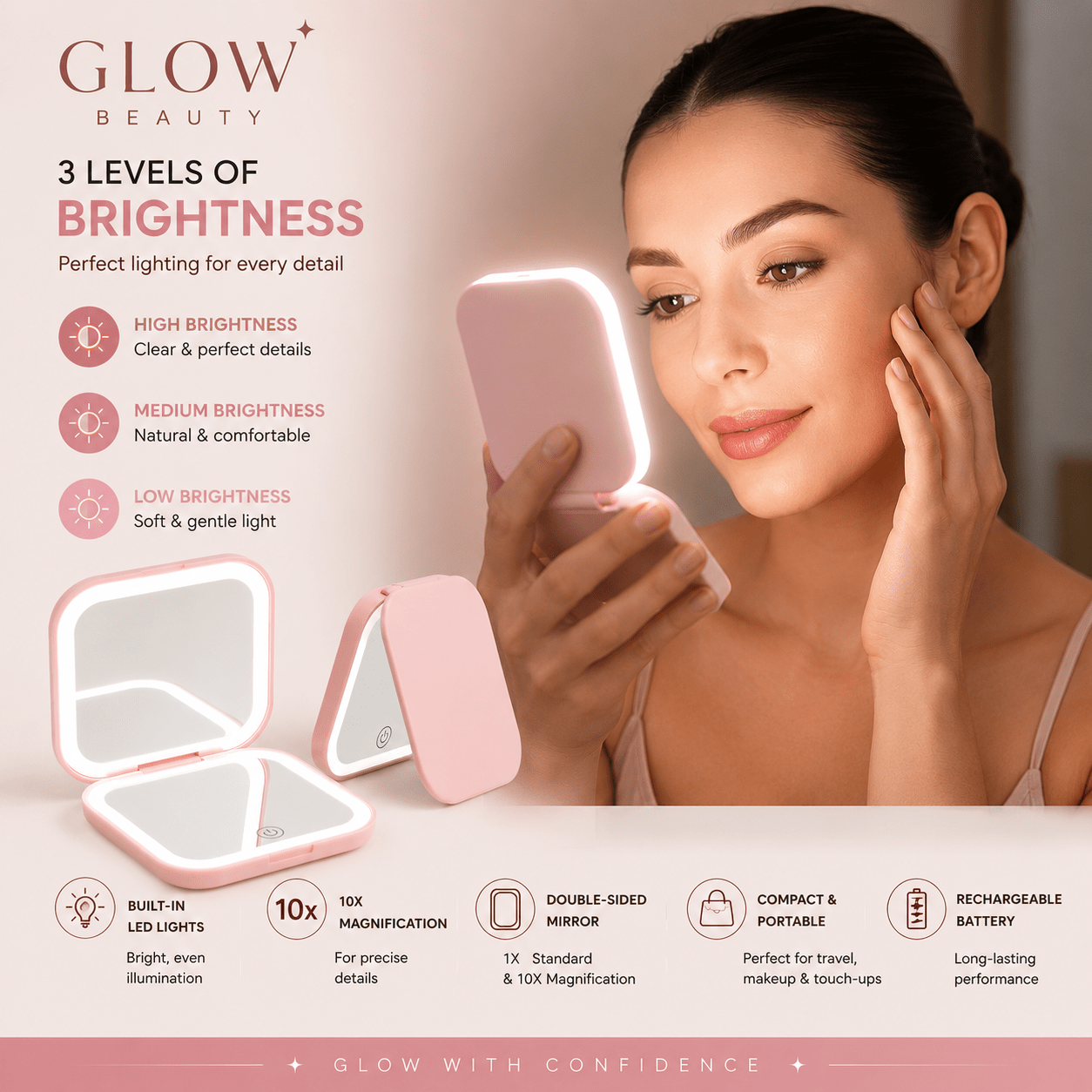 Compact LED Makeup Mirror with 10X Magnification- Beauty Accessories - Glow Beauty