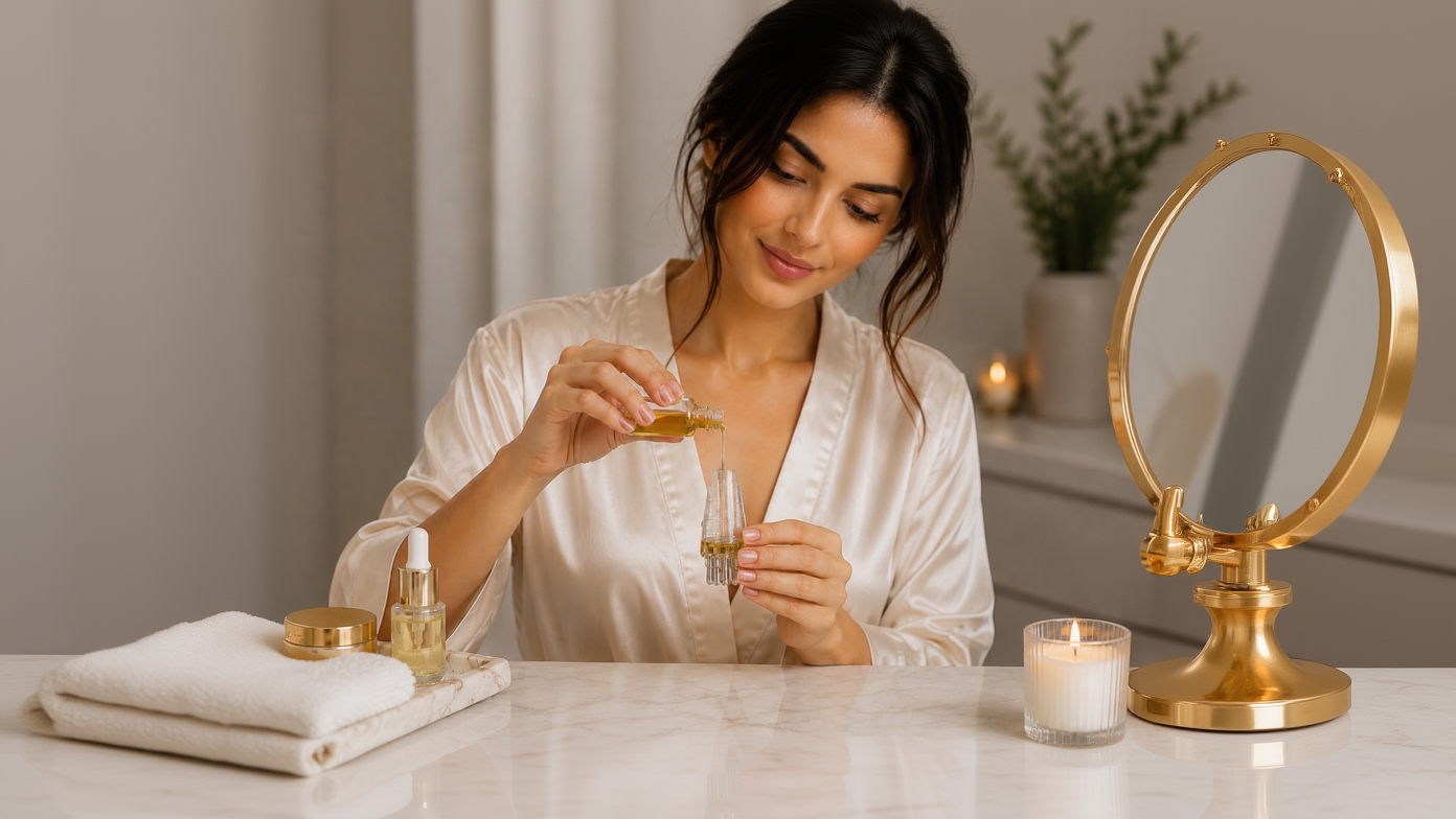 Woman filling the Glow Beauty Scalp Oil Applicator Comb with hair oil before a relaxing scalp massage and precise scalp treatment for healthier-looking hair.